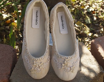 Wedding Flats CHAMPAGNE Vegan small satin flowers and lace flower appliqués, comfortable slipper style, elegant, Old Hollywood Glamour