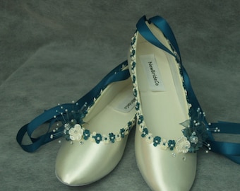 Brides Wedding Teal Flat Shoes - Bridal TEAL Blue trims on Ballet style slipper - White & Teal Flowers, Lace Up Teal Ribbon, Something Blue