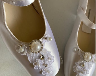 WHITE Satin Mary Jane Bling Shoes for little princess two heel options,First Communion Satin Mary Janes Bling Shoes,Flower girls bling shoes
