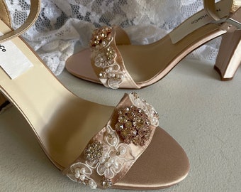 Rose Gold Shoes Bridal thick heels trimmed with lots of crystals and pearls, Rose Gold Peep Toe square heels, 3 1/4 inch Square heels,