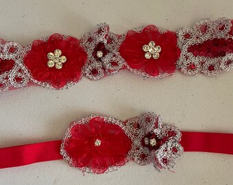 RED Garter Set Handmade, Red Wedding, Valentines Day, Holiday Wedding, Festive, Burlesque, Sexy Bride, Red & Silver, Sequins