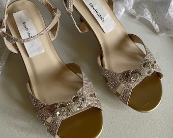 Girls Champagne shimmer Shoes Crystals Bow brooch - flower girls shoes, low heel 1 1/2", Pageant Wear, First Dance