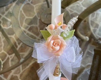 Baptism Communion Candle Blush Pink hand made with beautifully handmade bisque flowers