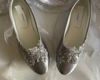 Silver Flats Ballerina style Size: 8.5 Satin shoes beaded Lace Appliqué Crystals, Lace Up Ribbon Ballet Slipper, Comfortable Wedding Shoes