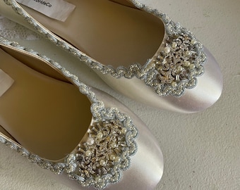 SALE Size 8 Ivory Wedding Flats Blue  trimmed w ivory pearl Swarovski crystals,Something Blue  flat shoes, Deco Nouveau Style shoes