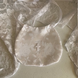 NEWBORN Baptism Bib brocade satin roses white ivory,Christening white bibs,christening ivory bibs,Fancy Baptismal bibs, Baby girl fancy bibs
