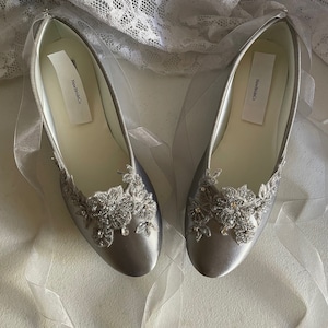 Silver Flats Ballerina style Size: 8.5 Satin shoes beaded Lace Appliqué Crystals, Lace Up Ribbon Ballet Slipper, Comfortable Wedding Shoes