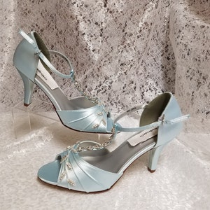 Powder Blue Heels Shoes Silver Swarovski Crystals,Mid high heels peep toe,covered heel ankle strap, hand dyed satin, bling , satin heels