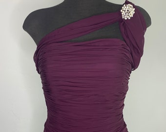 Eggplant Purple Formal Dress Size 8 by vintage Jordan, Pretty Chiffon Gathered at the Waist, One Shoulder Strap, Stunning Brooch