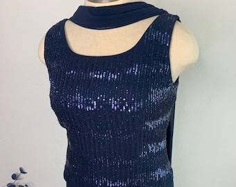 Navy Blue Tank Style Mock 2 Piece Dress with Beaded shawl Size 12, Mother of the Bride Beaded Dress, Flattering Tank Top Style Chiffon