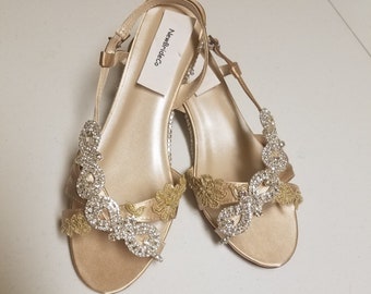 Size 11M Bling Wedding Shoes low Wedge 1 inch heel crystals, Short Heel, Satin Sandal, Open toes low heel, Old Hollywood,Deco, Destination