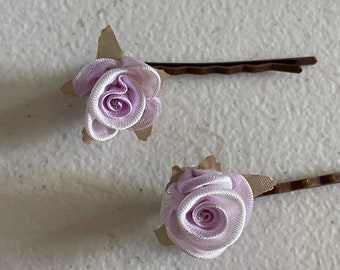 Two Lavender hair pin roses handmade Organza Satin,two lavender hair pin roses,lavender and white tiny flower girl, hair pin, small flower