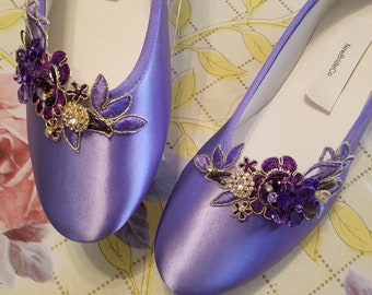 Size 11W PURPLE FLATS Shoes with purple gold accents,purple flat shoes, purple shoes,bridal purple flat shoes, purple gold flat shoes