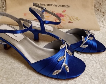 SIZE 7.5 Royal Blue Shoes 1 3/4'' heel Crystals,Royal Blue Low Heel shoes Size 7.5 ready to ship,Open Toe, Royal Blue Satin Heels, Victorian