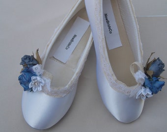 Wedding FLATS Blue flowers SHOES burlap edging, Ivory or White satin shoes,Something Blue Wedding Flats, Lace Up Ribbon, Ballet style Flat