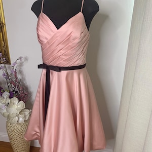 Vintage Primrose Pink Satin Bubble Skirt Dress: Pleated V-Neck, Size 10