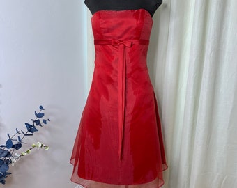 strapless open back dress Cascade Skirt Red Chiffon Long Strapless Bridesmaid Dress