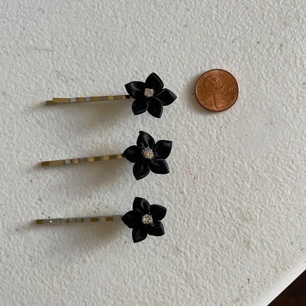 2 tiny Black Flower hair pin,handmade hair Organza or Satin tiny flowers girl,tiny flowers hair pin,small flower on bobbie pin many colors