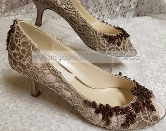 Bridal Shoes Taupe beaded Lace 2 1/4" HEEL,Ivory or Taupe Wedding Mid heel, open toe lace pumps, Bling bride, Chocolate Brown Beadwork