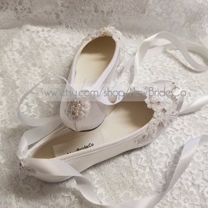 Brides White Wedding Flats, Satin Ivory Shoes, Lace Applique with Pearls, Lace Up Ribbon Ballet Style Slipper, Comfortable Wedding Shoes