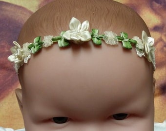 Baptism Ivory FLOWERS headlace,Baby Baptism Ivory lace band,Baby hair lace,Baby Girl Headband, Baby Ivory Flower Headband, Baby Girl Gift