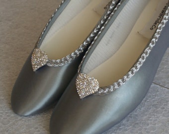 Crystals Hearts Wedding Flats,Sliver color Flat shoes, satin ballet slipper,25th anniversary silver shoes,Flat silver shoes for MOB or MOG,