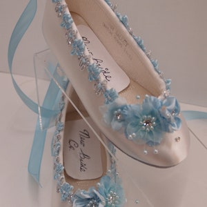 Size 7 1/2 Ballet Style Slipper Blue White Silver Ready to ship,Flower Girls Shoes Lace Up Ribbon Ballet style Flats,Light Blue Flowers
