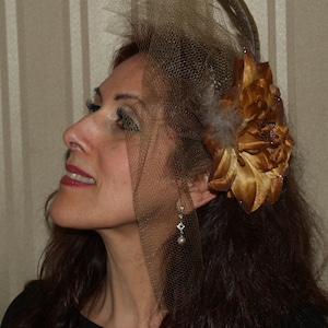 Brown Bronze Flower Fascinator 1940s retro with brown netting over one side of the face, birdcage, formal event, Mother of the Bride