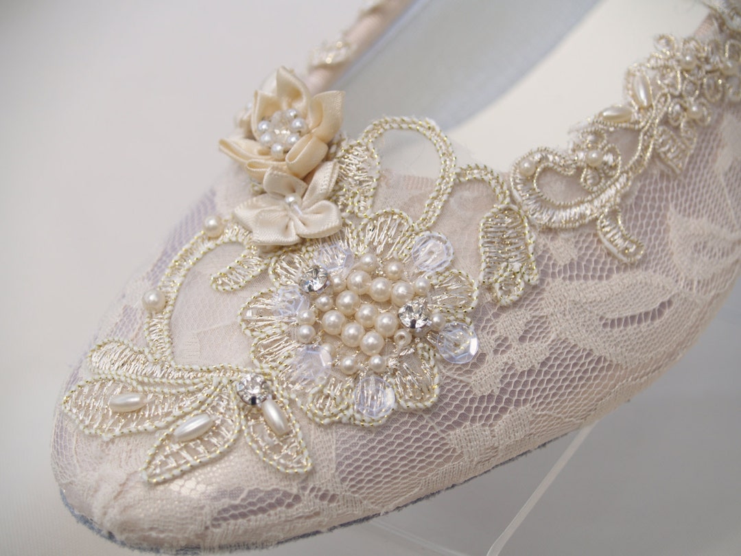 Champagne Lace Wedding Flats Shoes Vintage Modern Inspired, Great Gatsby Style Lace Flat Shoes