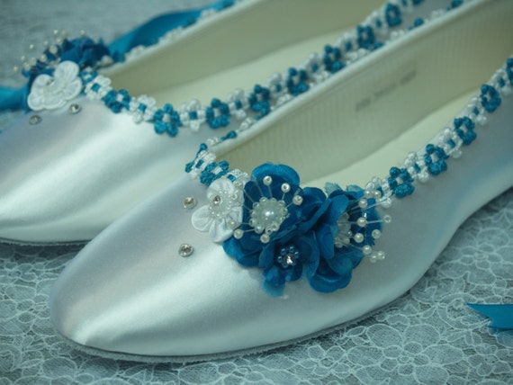 Wedding Flats Turquoise Flowers W Turquoise White Rococo Trim | Etsy