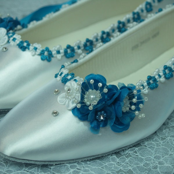 Wedding Flats Turquoise flowers w turquoise white rococo trim White or Ivory satin shoes Something Blue, Peacock Blue, Ballet Style Slipper