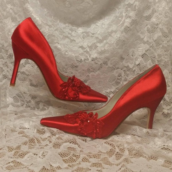 red satin wedding shoes