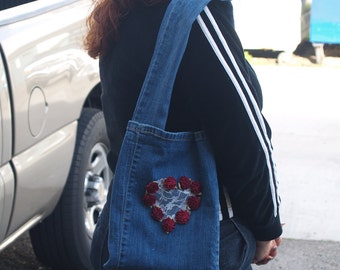 Valentines recycled Jeans Bag, Recycled DENIM Bag made from jeans, small denim shoulder bag with red flowers,
