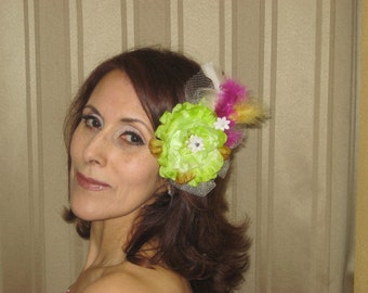 Apple green Flower hair clip fascinator and corsage, kentucky derby, feather headpiece apple color clearance price