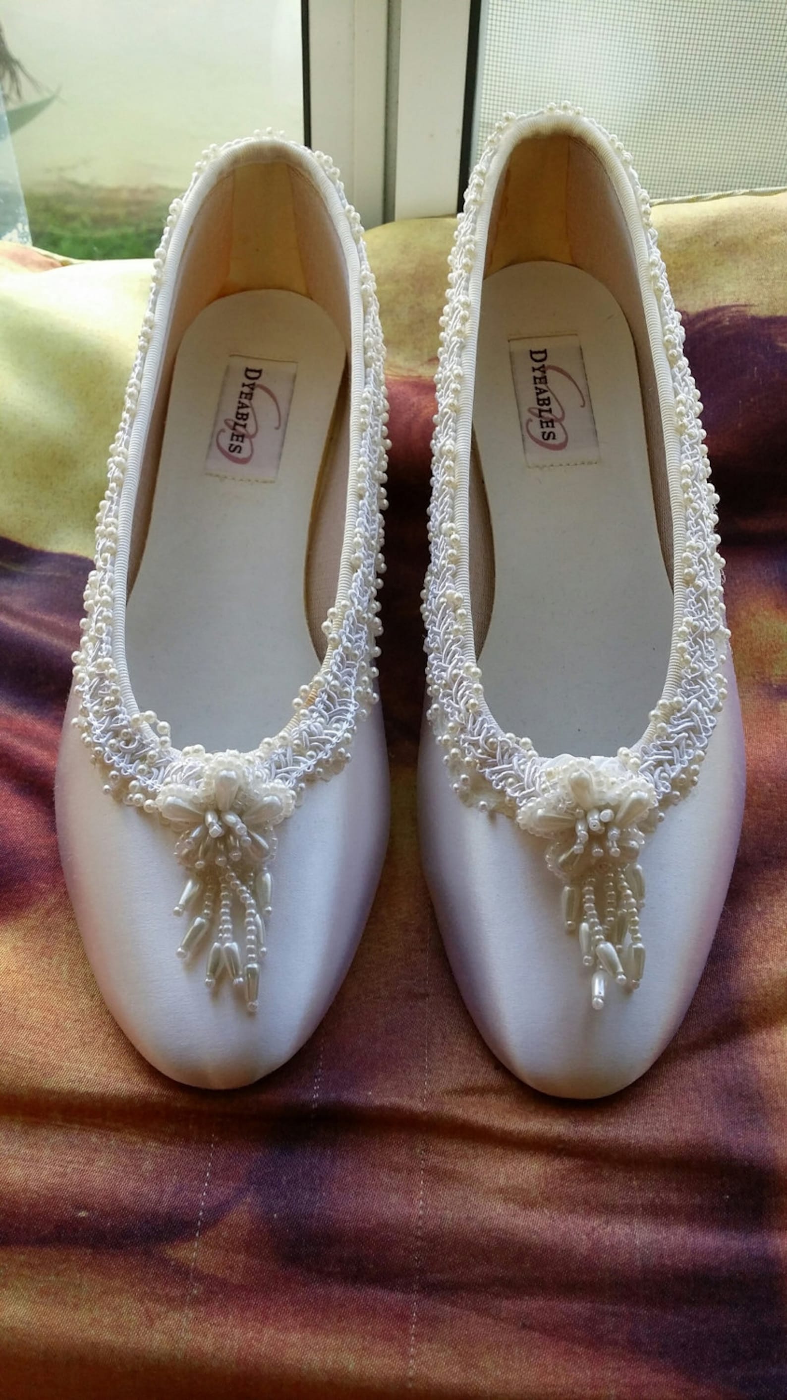 size 9 ballet style slippers offwhite satin w pearls flower,white bridal flats,pearl edging,white flowers,silver,ready to ship,
