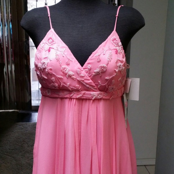 Pink beaded Dress Vintage Prom Dress, silk Pink dress spaghetti straps mid length, Size 6, Hi Low Hem,Formal Wear, Homecoming, Bright Pink