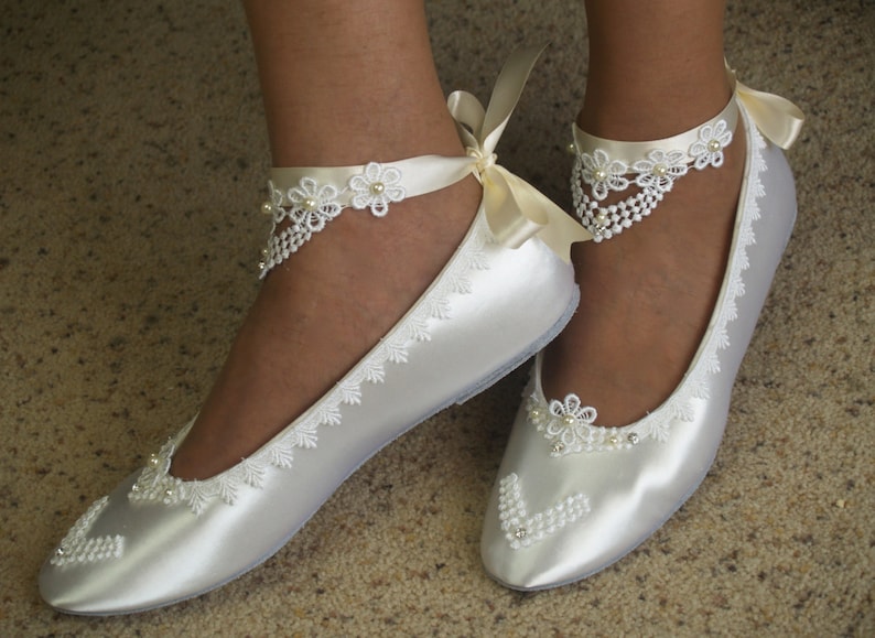 Tie Around Ankle Bridal Wedding Victorian Flats,Fine US Lace pearls & crystals embellished, Wedding flat shoes Edwardian, Renaissance, Satin image 2