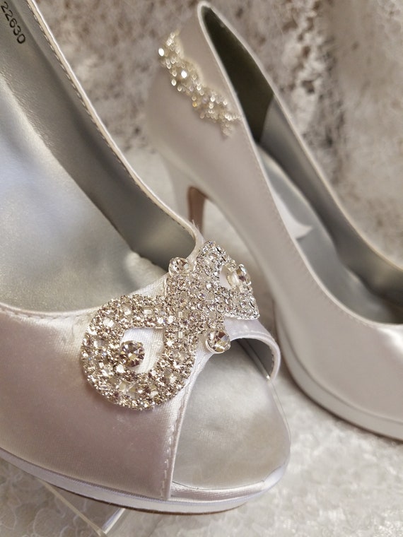 White Wedding Heels Bling Embellished Satin Pump Heels Peep Toe
