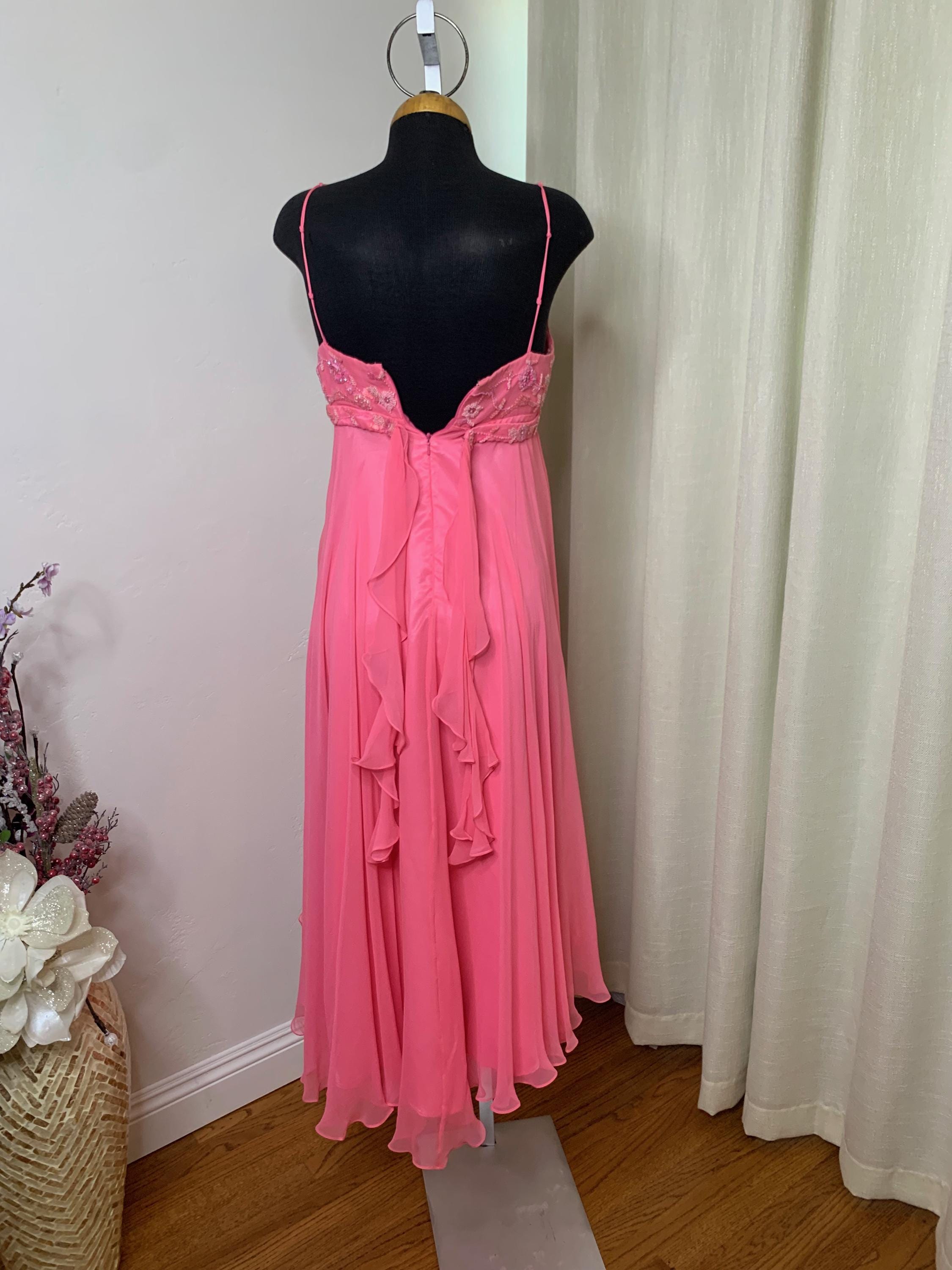 Size 6 Pink beaded Silk Vintage Prom Dress, Silk Pink dress spaghetti straps mid length, Hi Low Hem,Formal Wear, Bright, Y2k 2000s fashion Size 6 Pink beaded Silk Vintage Prom Dress, Silk Pink dress spaghetti straps mid length, Hi Low Hem,Formal Wear, Bright, Y2k 2000s fashion