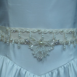 Bridal Gown Sash Ivory pearls and sequins applique,Victorian,Great Gatsby Style,Old Hollywood Fancy Belt, Pearl Drop Beading,Off White,Cream image 1