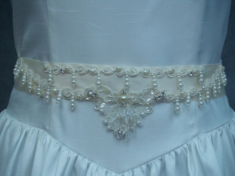 Bridal Gown Sash Ivory pearls and sequins applique,Victorian,Great Gatsby Style,Old Hollywood Fancy Belt, Pearl Drop Beading,Off White,Cream image 1