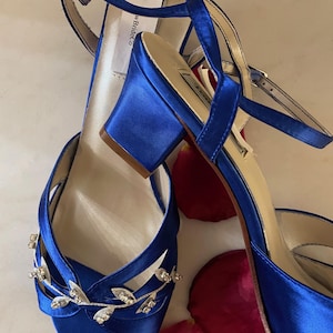 Royal Blue Low heel Shoes M & W width dyed to colors, Short block low Heel, Royal Blue Satin Open Toe Sandals with silver vines and crystals