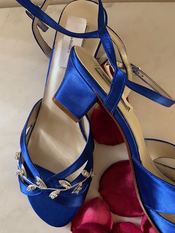 Royal Blue Low heel Shoes M & W width dyed to colors, Short block Low Heel, Royal Blue Satin Open Toe Sandals with silver vines and crystals