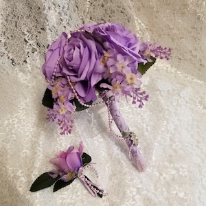 Wedding Lavender Roses Bouquet with Grooms Boutonniere,Lilac Bridal Bouquet,Spring Wedding bouquet, Bridesmaids bouquets sets made to order,