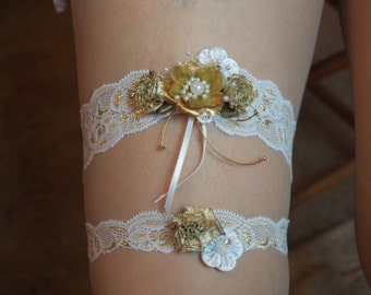 Wedding Garter Gold Set, Lace Garter set,gold flowers garter,Gold Flowers Stretch Lace Band, Keep One, Throw One, Garter Set, Bachelorette
