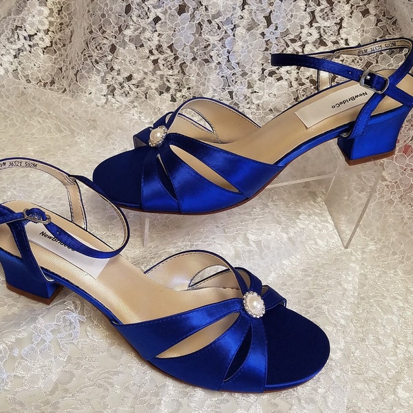 Royal Blue Low heel Shoes M and W width short heel 200 colors, Short Thick Heel, Satin Open Toe Sandals, Crystals and Pearls, Wide Width