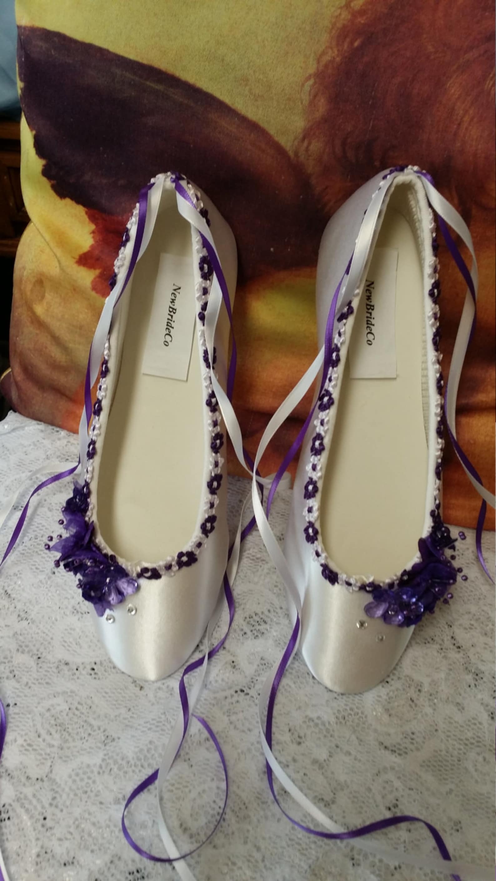 wedding purple flats silk flowers, pearls, crystals, and ankle ribbons, lace up ribbon, satin ballet style slippers,closed toe,