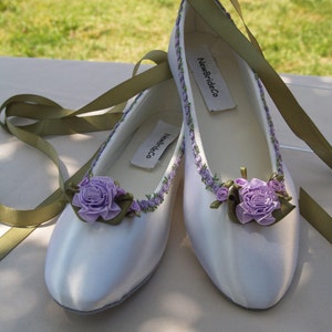 Fairy Tale Wedding Flats Lavender flower trim green lavender, Ivory or White ballet Style slipper style lace up ribbon style,touch lavender