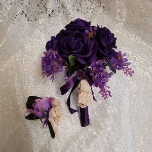 Bouquet Royal Purple Wedding Victorian style boutonniere to make set,Wedding Bouquet Purple with vintage lace handle, Dark Purple Bouquet