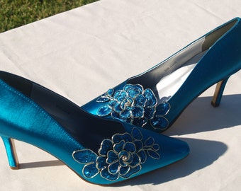 Shoes Teal Satin Lace Wedding Heels Sexy Teal Heels,3 1/2" Closed Toe Heels,Pointy Toe Satin Pumps, Teal Wedding, Peacock  sexy pump Shoes,